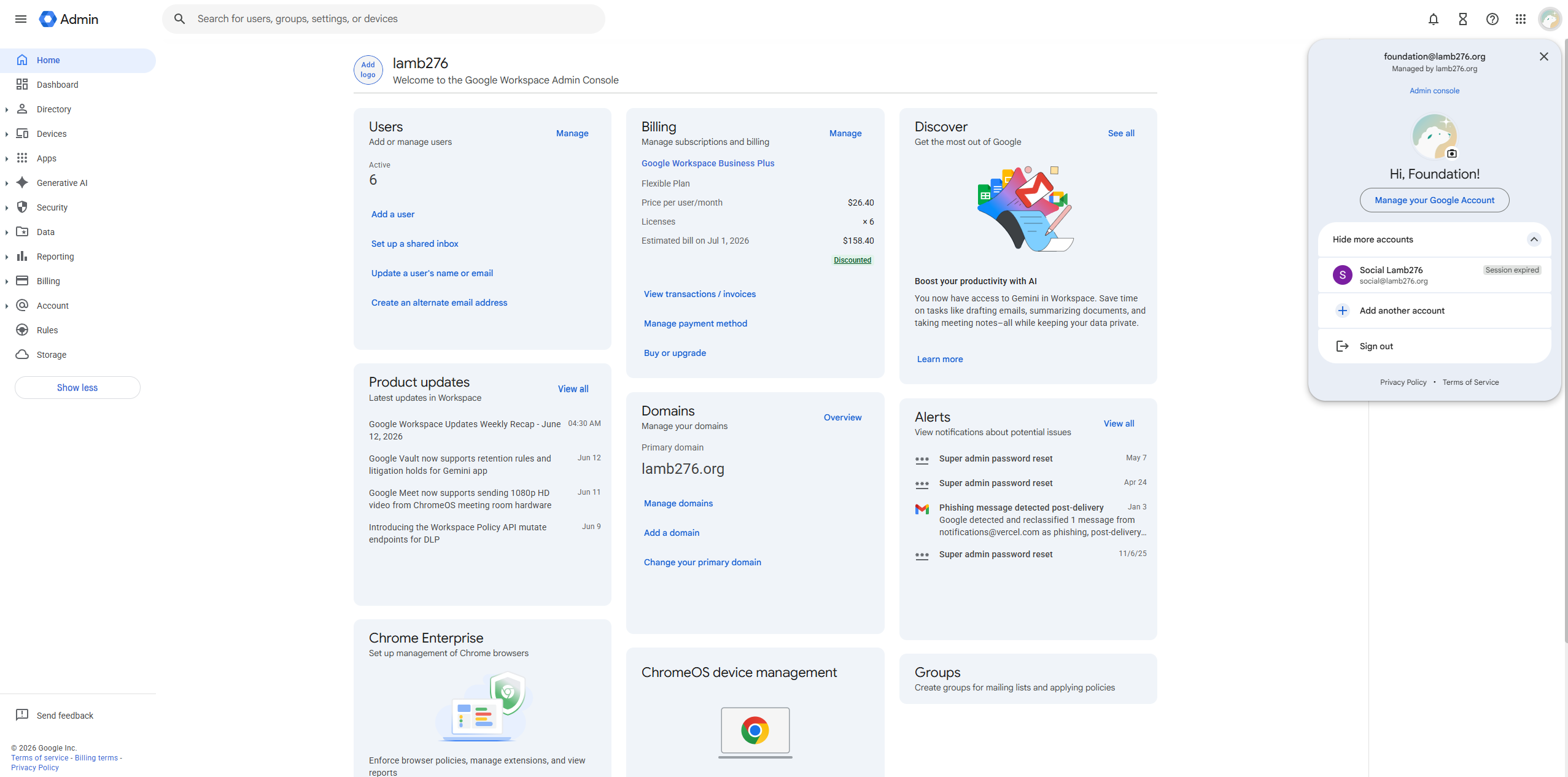 Owner of the LAMB276 Google Workspace (admin console, domain lamb276.org)