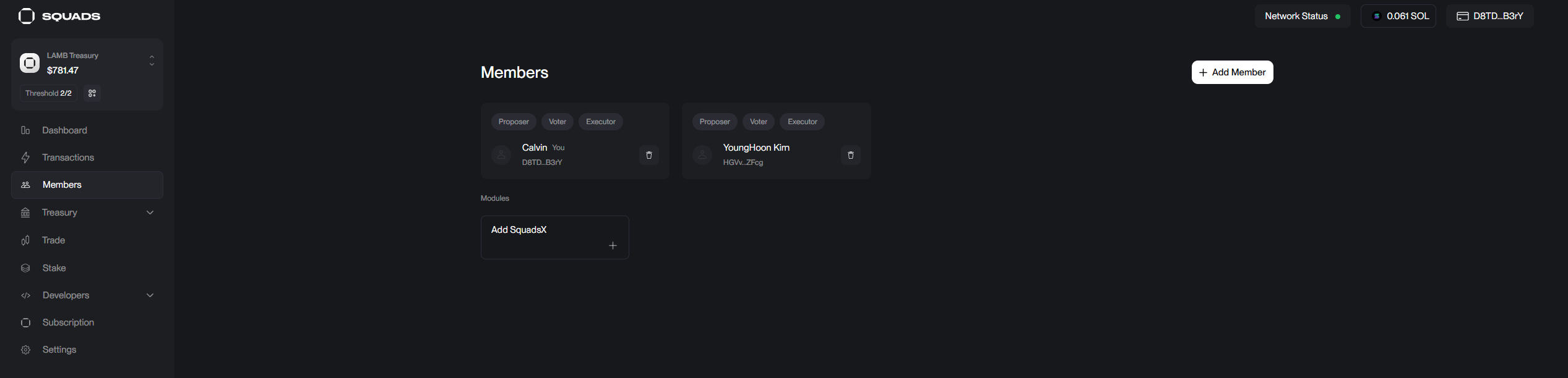 50% holder of the LAMB token secret key — 2-of-2 multisig (Squads), members Calvin and YoungHoon Kim